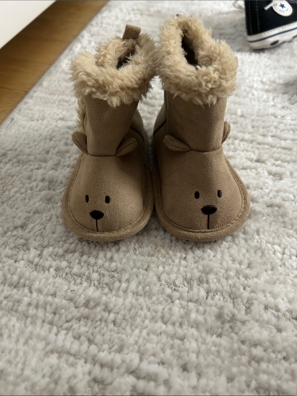 Toddler Plush Bear Booties - Tan Faux-Suede